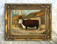 Fine Gilt Framed  Oleograph on Canvas "A Prize Cow in a Farmyard"