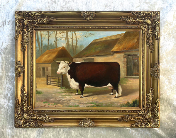 Fine Gilt Framed  Oleograph on Canvas "A Prize Cow in a Farmyard"