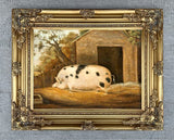 Fine Oleograph on Canvas Portrait of a Prize Pig in a Rural Stable Yard