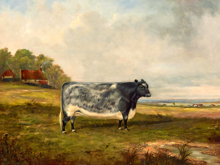 Fine Oleograph on Canvas of a Prize Cow in a Rural Landscape
