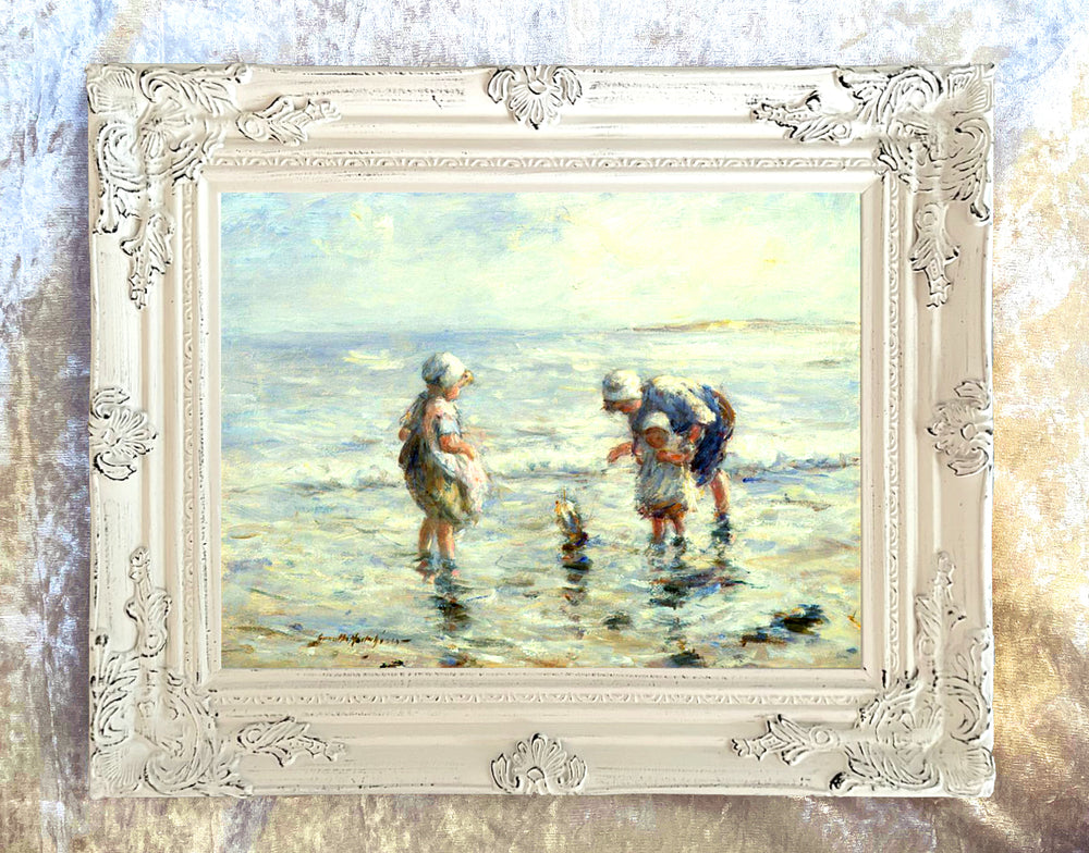 Fine Oleograph on Canvas - Mother & Children Paddling