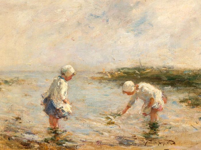 Fine Oleograph on Canvas - Children Gathering Bait aft. Gemmell Hutchison