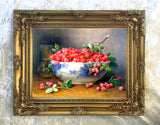 Stunning Still Life Oleograph on Canvas Still Life of Raspberries in a Blue & White Bowl
