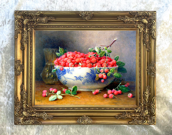 Stunning Still Life Oleograph on Canvas Still Life of Raspberries in a Blue & White Bowl