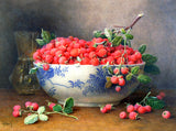 Stunning Still Life Oleograph on Canvas Still Life of Raspberries in a Blue & White Bowl