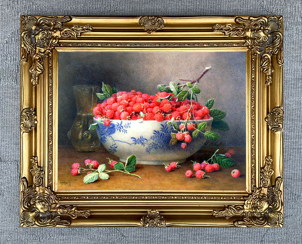 Stunning Still Life Oleograph on Canvas Still Life of Raspberries in a Blue & White Bowl