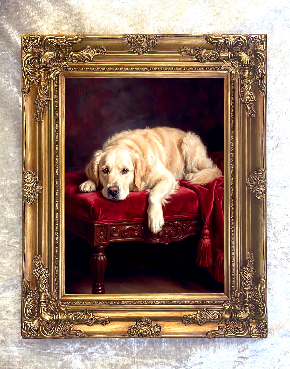 Ornate Framed Oil Painting Print - Golden Retriever on a Velvet Chair