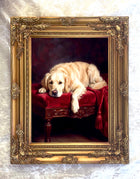 Ornate Framed Oil Painting Print - Golden Retriever on a Velvet Chair