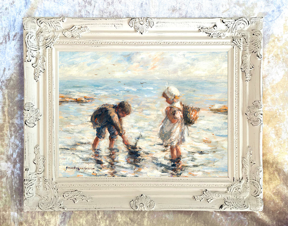 Fine Oleograph on Canvas - "Sailing a Toy Boat in the Shallows"