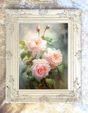Exquisite Still Life Oleograph on Canvas Still Life of Pink Roses