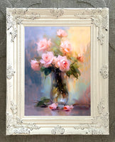 Exquisite Still Life Oleograph on Canvas Still Life of Pink & Yellow Roses in a Glass Vase