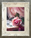 Exquisite Oleograph on Canvas Still Life of a Single Pink Rose