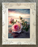 Exquisite Oleograph on Canvas Still Life of a  Pink Rose "On the Beach"