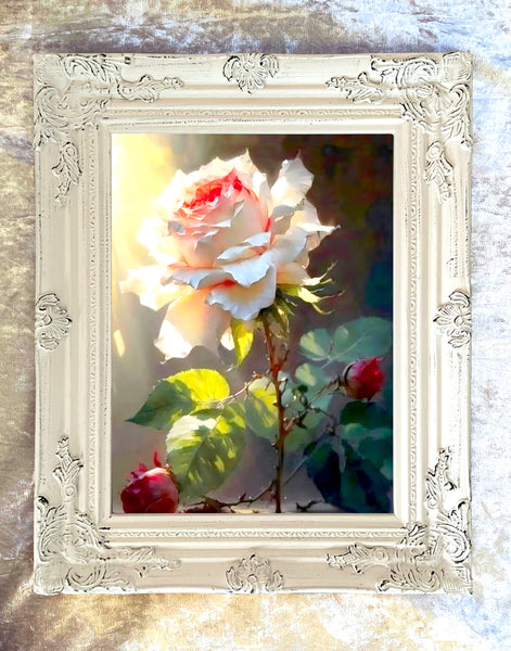 Exquisite Still Life Oleograph on Canvas - A Single Rose in Sunlight