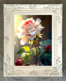 Exquisite Still Life Oleograph on Canvas - A Single Rose in Sunlight