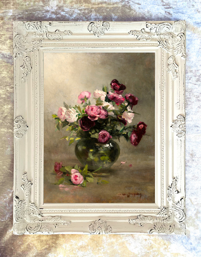 Exquisite Still Life Oleograph on Canvas - Purple & Pink Roses in a Vase