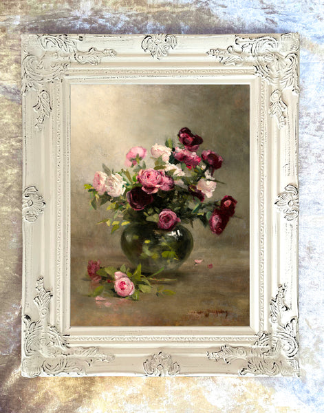 Exquisite Still Life Oleograph on Canvas - Purple & Pink Roses in a Vase