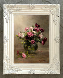 Exquisite Still Life Oleograph on Canvas - Purple & Pink Roses in a Vase