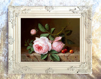 Exquisite Oleograph on Canvas Still Life of Pink Roses on a Marble Ledge