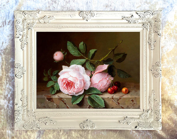 Exquisite Oleograph on Canvas Still Life of Pink Roses on a Marble Ledge