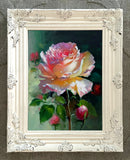 Beautiful Still Life Oleograph on Canvas - Portrait of a Single Pink Rose