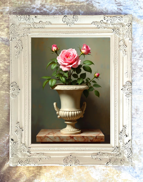 Beautiful Oleograph on Canvas - Still Life with Pink Roses in a Roman Urn