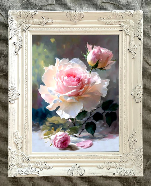 Stunning Still Life Oleograph on Canvas Still Life of a Pink Rose