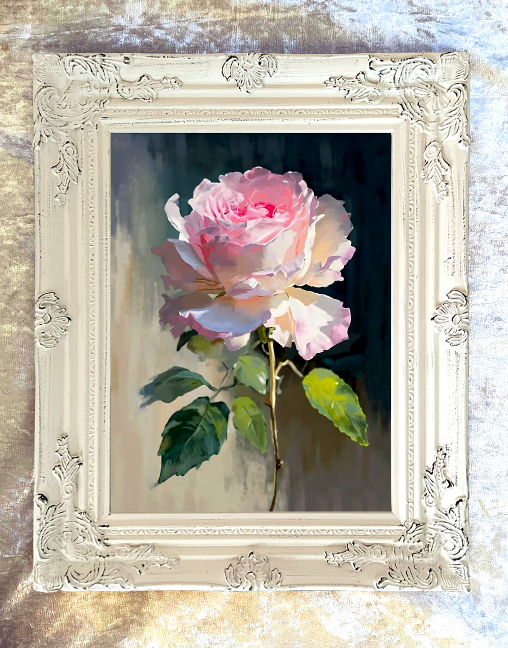 Stunning Still Life Oleograph on Canvas Still Life of a Pink Rose