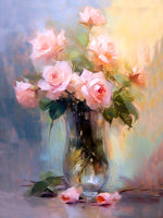 Exquisite Still Life Oleograph on Canvas Still Life of Pink & Yellow Roses in a Glass Vase