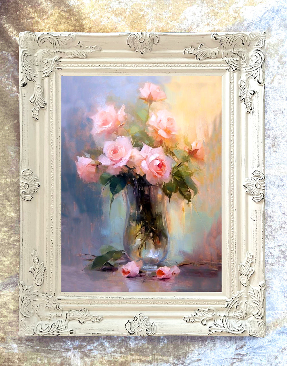 Exquisite Still Life Oleograph on Canvas Still Life of Pink & Yellow Roses in a Glass Vase
