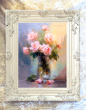 Exquisite Still Life Oleograph on Canvas Still Life of Pink & Yellow Roses in a Glass Vase