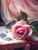 Exquisite Oleograph on Canvas Still Life of a Single Pink Rose