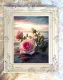 Exquisite Oleograph on Canvas Still Life of a  Pink Rose "On the Beach"