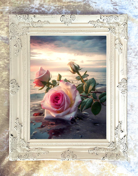 Exquisite Oleograph on Canvas Still Life of a  Pink Rose "On the Beach"