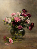 Exquisite Still Life Oleograph on Canvas - Purple & Pink Roses in a Vase