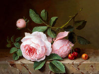 Exquisite Oleograph on Canvas Still Life of Pink Roses on a Marble Ledge