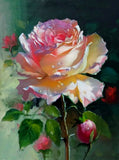 Beautiful Still Life Oleograph on Canvas - Portrait of a Single Pink Rose