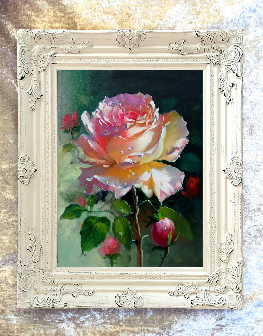 Beautiful Still Life Oleograph on Canvas - Portrait of a Single Pink Rose