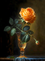 Exquisite Oleograph on Canvas - Yellow Rose in a Glass Vase