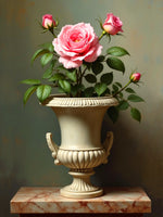 Beautiful Oleograph on Canvas - Still Life with Pink Roses in a Roman Urn