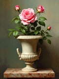 Beautiful Oleograph on Canvas - Still Life with Pink Roses in a Roman Urn