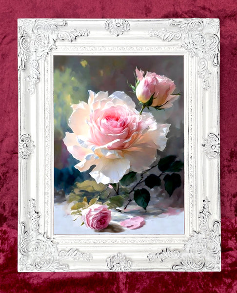 Stunning Still Life Oleograph on Canvas Still Life of a Pink Rose