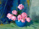 Stunning Still Life Oleograph on Canvas Still Life of Pink Roses in a  Blue Vase