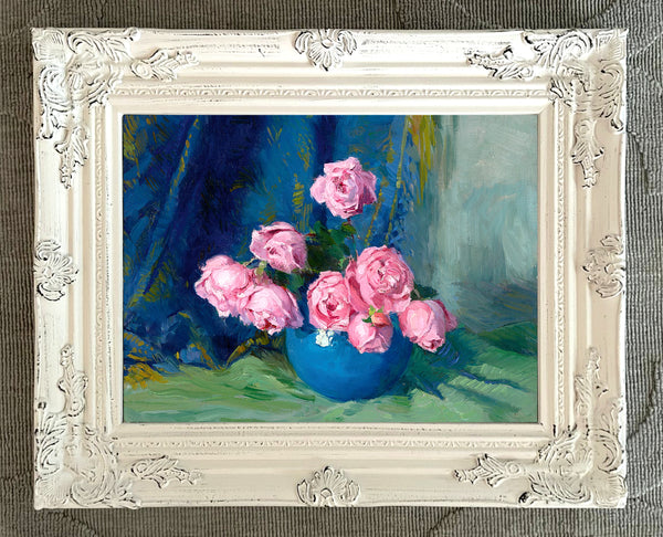 Stunning Still Life Oleograph on Canvas Still Life of Pink Roses in a  Blue Vase