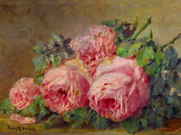 Fine Still Life Oleograph on Canvas Still Life of Pink Roses on a Ledge