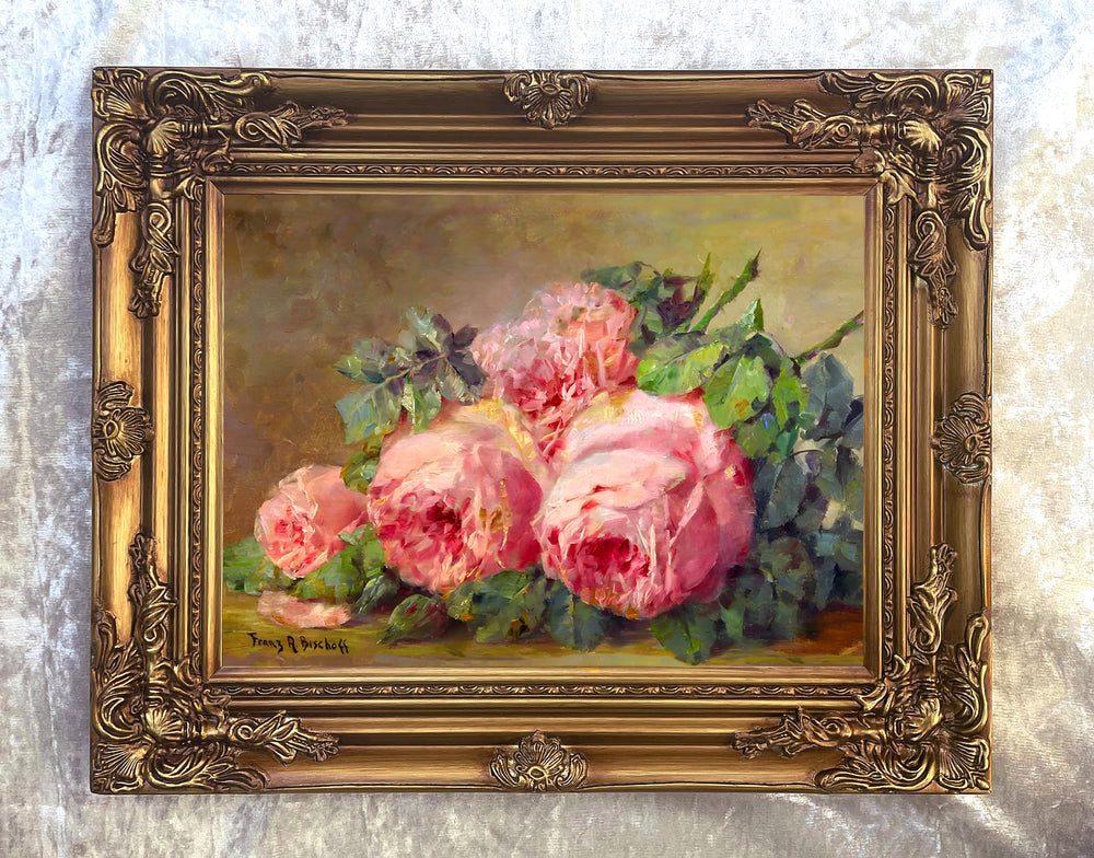 Fine Still Life Oleograph on Canvas Still Life of Pink Roses on a Ledge