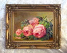 Fine Still Life Oleograph on Canvas Still Life of Pink Roses on a Ledge