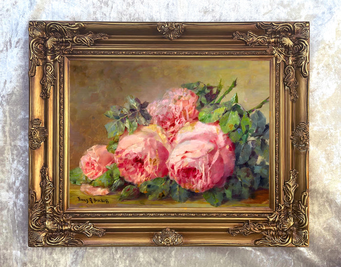 Fine Still Life Oleograph on Canvas Still Life of Pink Roses on a Ledge