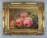 Fine Still Life Oleograph on Canvas Still Life of Pink Roses on a Ledge