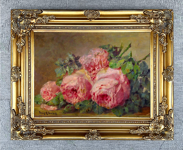 Fine Still Life Oleograph on Canvas Still Life of Pink Roses on a Ledge